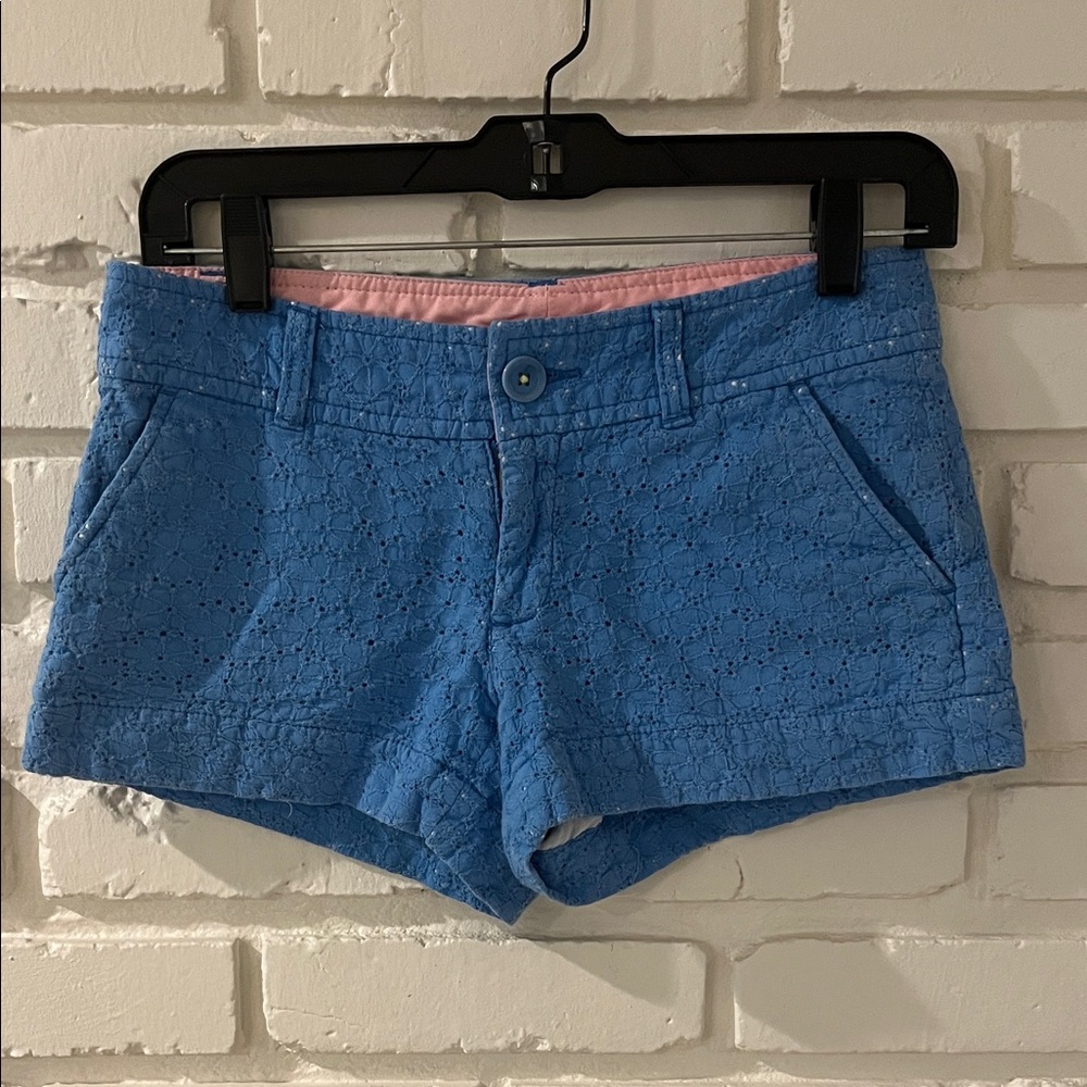 Lilly Pulitzer Blue Eyelet Shorts with Pink Waistband